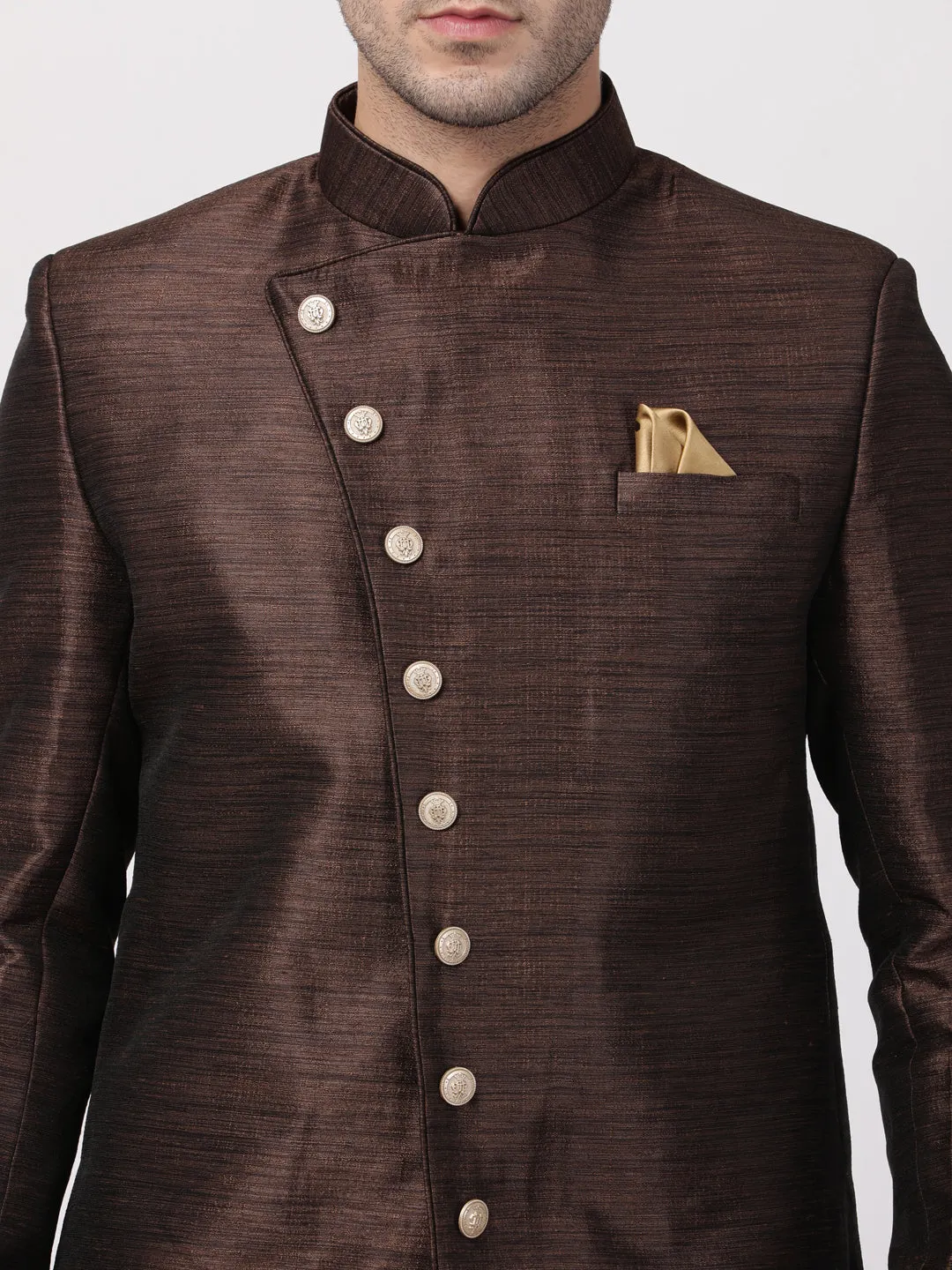 VM By VASTRAMAY Men's Brown Silk Blend Sherwani Set