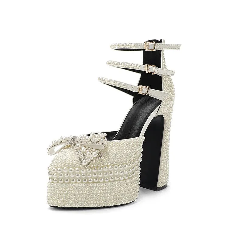 White Patent Leather Pearl Encrusted High Platform Heel Pointed Shoes