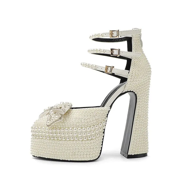 White Patent Leather Pearl Encrusted High Platform Heel Pointed Shoes