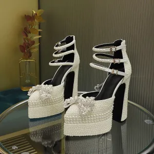 White Patent Leather Pearl Encrusted High Platform Heel Pointed Shoes