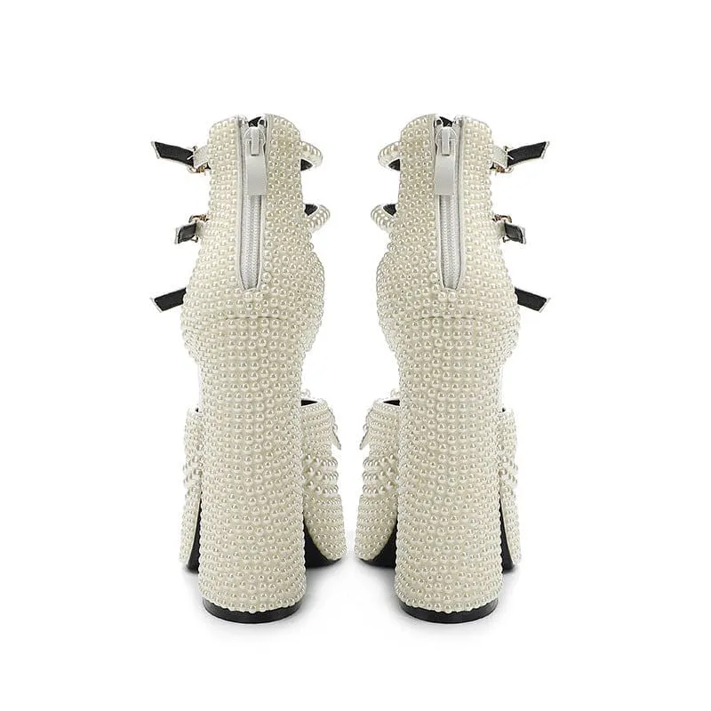 White Patent Leather Pearl Encrusted High Platform Heel Pointed Shoes