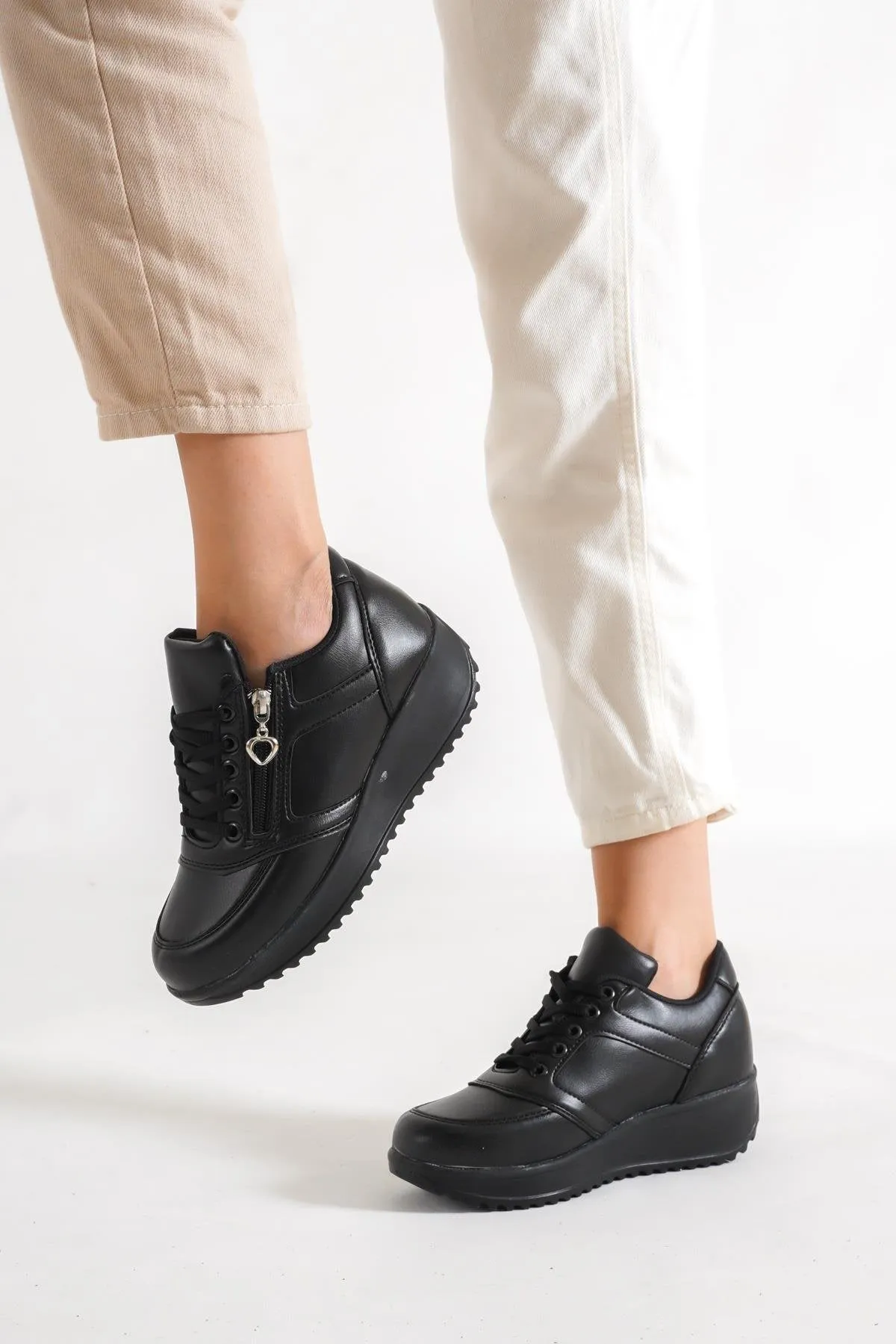Women's Black Leather Zippered Sports Shoes